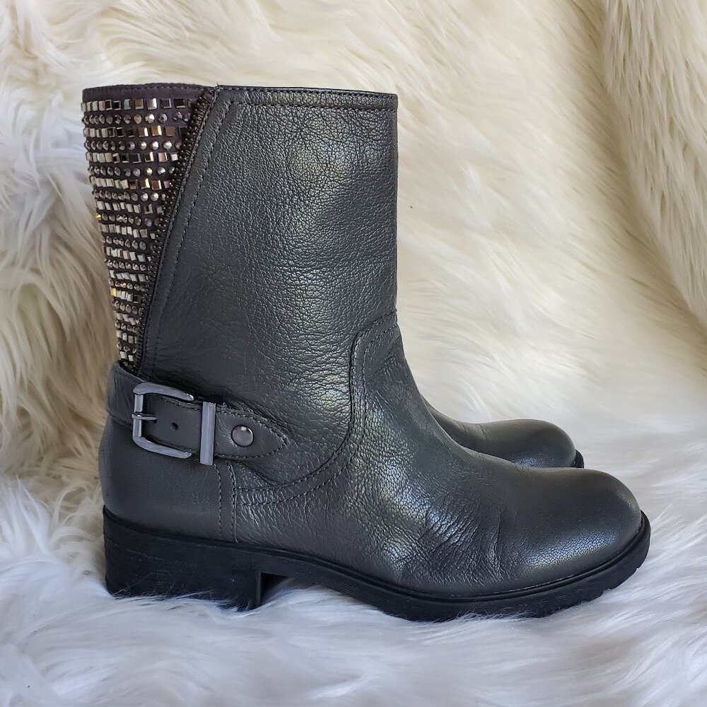 Gianni Bini Gray Studded Moto Combat Leather Ankle Boots SZ 7.5